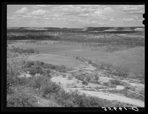 Sheep and goat ranch with caprock showing in background. Kimble County, Texas