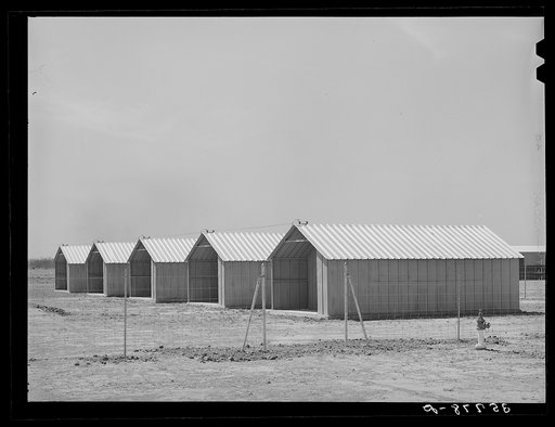 Untitled photo, possibly related to: Sheet metal isolation units at the migratory labor camp. Sinton, Texas. These will be used for isolation of people at the camp with contagious diseases of a temporary nature