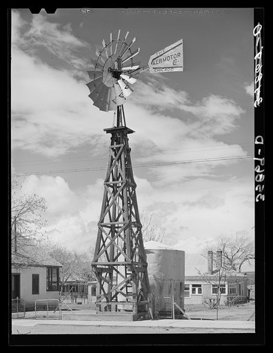 Windmill which furnishes water for private residences in Magdalena, New Mexico. Magdalena is the trading center for nearby ranches
