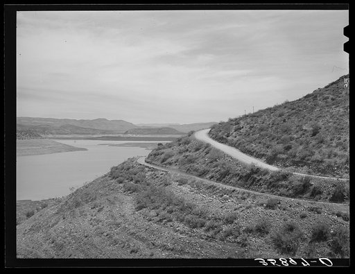 Untitled photo, possibly related to: Reservoir of Roosevelt Dam with irrigation ditches and highway. Gila County, Arizona