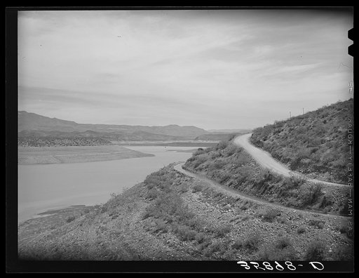 Untitled photo, possibly related to: Reservoir of Roosevelt Dam with irrigation ditches and highway. Gila County, Arizona