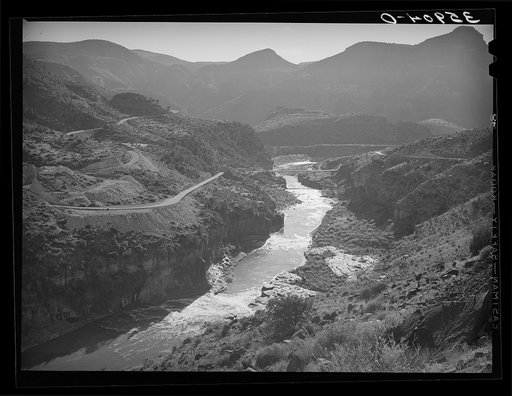 Untitled photo, possibly related to: Winding character of the road is shown where Highway U.S. 60 crosses Black River in Gila County, Arizona