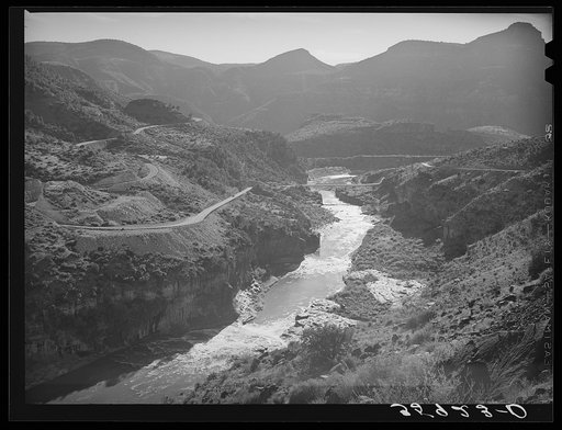 Winding character of the road is shown where Highway U.S. 60 crosses Black River in Gila County, Arizona