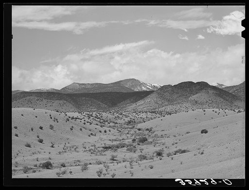 Desert wash with snow covered mountains in the background. Socorro County, New Mexico