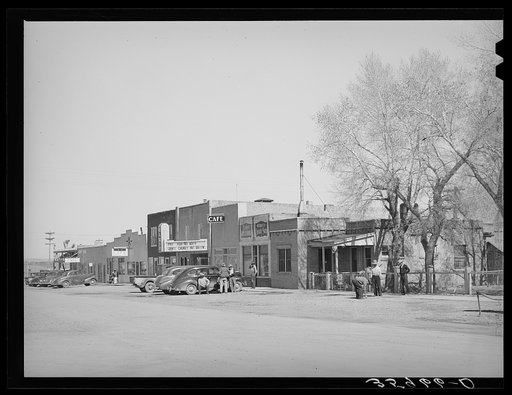 Main street in Springerville, Arizona. Springerville is the center of good ranching area where flood irrigation is used to cultivate hay crops