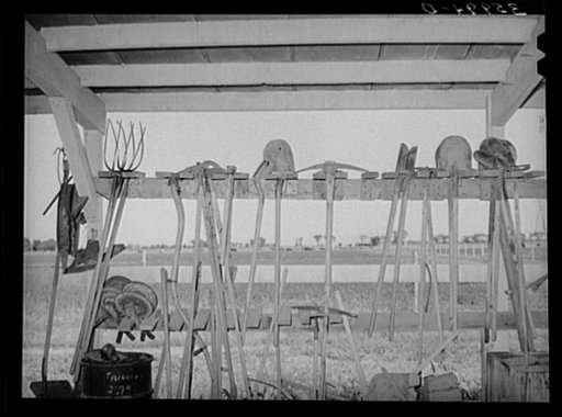 Group of hand farm implements at the Arizona part-time farms. Chandler Unit, Maricopa County