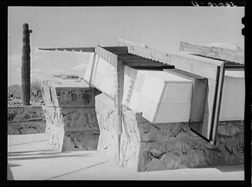 Detail of construction of corner drafting room of Frank Lloyd Wright's winter quarters at foot of McDowell Mountain. Maricopa County, Arizona