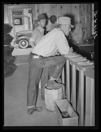 Farmers waiting at the lumber yard office of the United Producers and Consumers Cooperative. Phoenx, Arizona