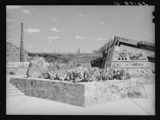 Detail of winter quarters of Frank Lloyd Wright at foot of McDowell Mountain. Maricopa County, Arizona