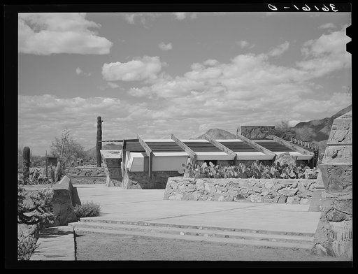 Detail of winter quarters of Frank Lloyd Wright's architectual group. Materials used in these buildings are native stone, redwood and canvas. Foot of McDowell Mountain, Maricopa County, Arizona
