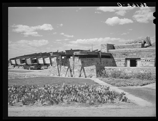 Detail of winter quarters of Frank Lloyd Wright's architectual group. Materials used in these buildings are native stone, redwood and canvas. Foot of McDowell Mountain, Maricopa County, Arizona