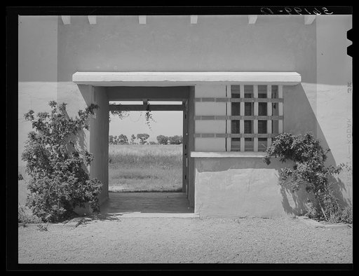Detail of entrance to the community building at the Arizona part-time farms. Maricopa County, Arizona
