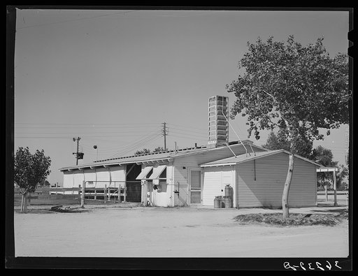 Dairy barn which contains milking stalls, cooling equipment, cream separator and cold storage locker. Casa Grande Valley Farms, Pinal County, Arizona
