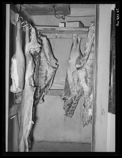 Meat hanging in the cold storage locker of the dairy of Casa Grande Valley Farms. Pinal County, Arizona