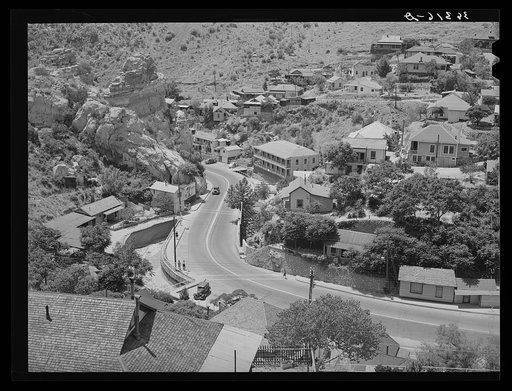Looking down on the highway leading into Bisbee, Arizona. This highway becomes the main street in town and the houses are built up the sides of the mountain