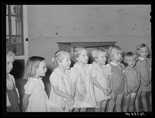 Children singing at the WPA (Work Projects Administration) nursery school. Casa Grande Valley Farms, Pinal County, Arizona