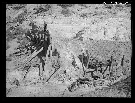 Untitled photo, possibly related to: Remains of timber support and tailings of abandoned copper mine at Leopold, New Mexico