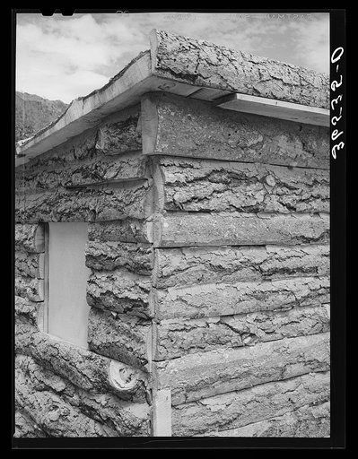 Detail of corner of slab house, Pie Town, New Mexico. Sawmill gives these slabs to farmers who will haul them away; however, they are not in great usage for house construction partly because the farmers have no facilities for hauling and because they do not make as warm and durable houses as the dug