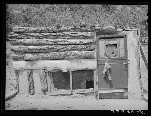 Hen house on farm of Faro Caudill. Notice the old automobile door which has been utilized. Pie Town, New Mexico