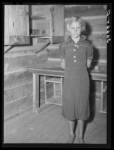 Homesteader's daughter giving a recitation at the literary society. Pie Town, New Mexico