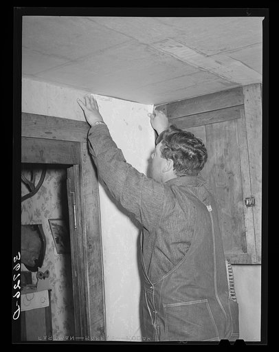 George Hutton, Jr., papering the kitchen for his mother. Pie Town, New Mexico