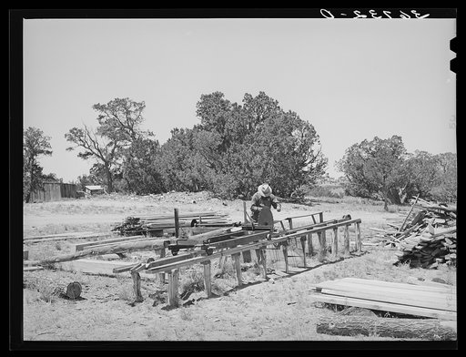 Untitled photo, possibly related to: George Hutton working at the small sawmill which he built on his homestead farm. This sawmill serves not only his own needs, but many neighbors also use it. Pie Town, New Mexico