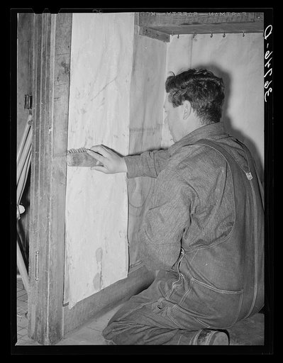 George Hutton, Jr., papering the kitchen for his mother. Pie Town, New Mexico