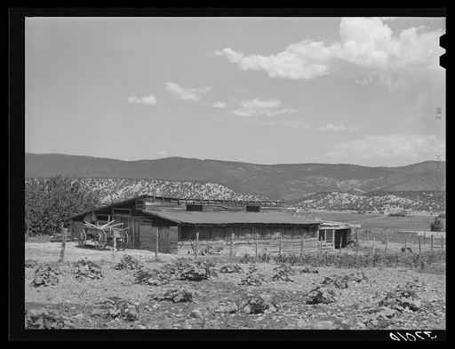 Hay and cow barn of Spanish-American farmer. Chamisal, New Mexico