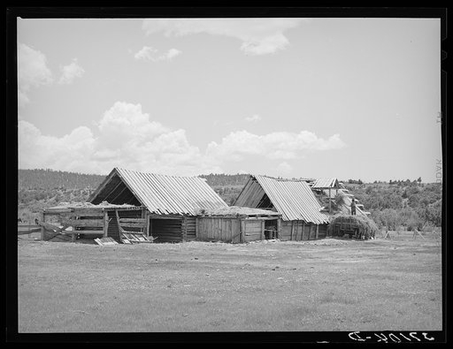 Hay barns of Spanish-American farmer at Llano, New Mexico