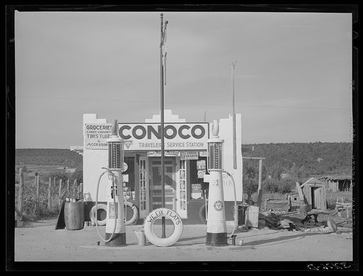 Untitled photo, possibly related to: Filling station is only building of modern design in the Spanish-American village of Penasco, New Mexico