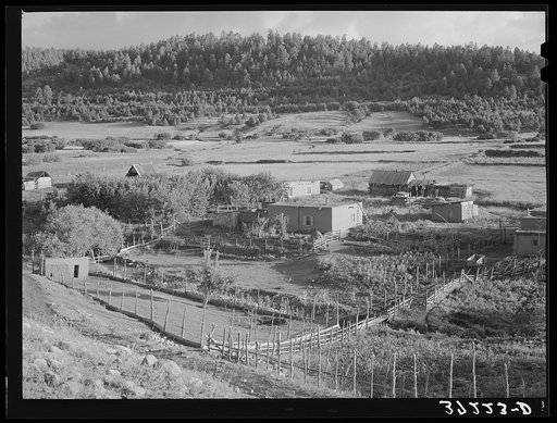 Untitled photo, possibly related to: Spanish-American farmstead with farming land in background. Llano de San Juan, New Mexico