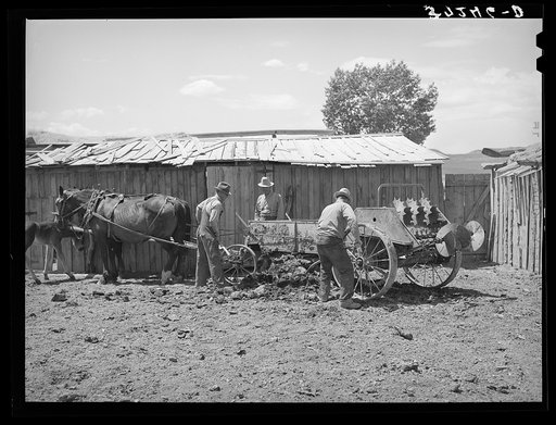 Members of FSA (Farm Security Administration) cooperative manure spreader. Box Elder County, Utah