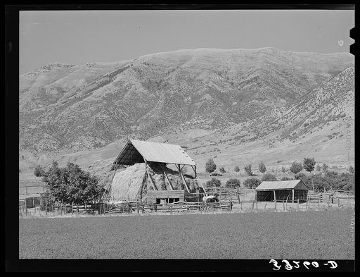 Hay barn on farm at foot of Wasatch Mountains. Box Elder County, Utah