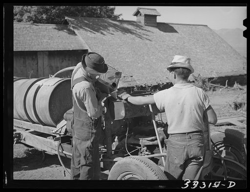 Pouring gasoline into tank of converted automobile which supplies power for FSA (Farm Security Administration) cooperative orchard sprayer. Cache County, Utah