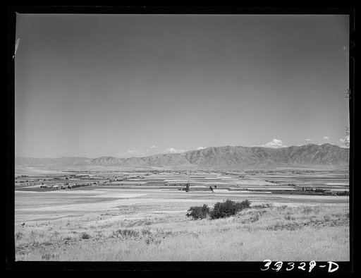 The pattern of Mormon farms looking from the dryland area east towards Tremonton, Utah