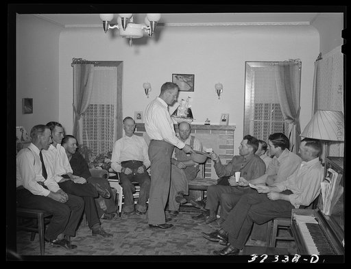 Meeting of Mormon farmers who have formed a FSA (Farm Security Administration) cooperative stallion group and who are now voting to elect a caretaker for the stallion. Box Elder County, Utah
