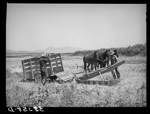Untitled photo, possibly related to: Unloading FSA (Farm Security Administration) cooperative ditcher from trailer. Box Elder County, Utah