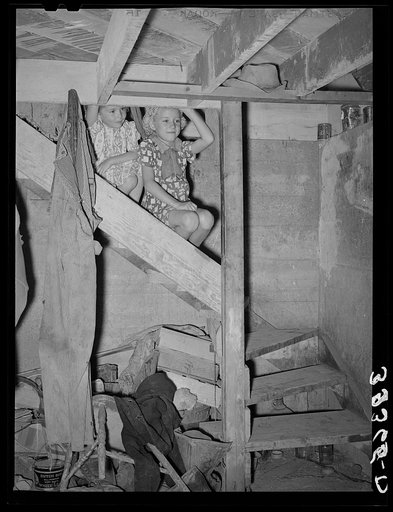Mormon children sitting on the cellar steps. Snowville, Utah