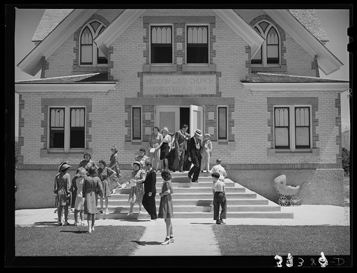 Untitled photo, possibly related to: Congregation leaving Latter Day Saints Church. Mendon, Utah