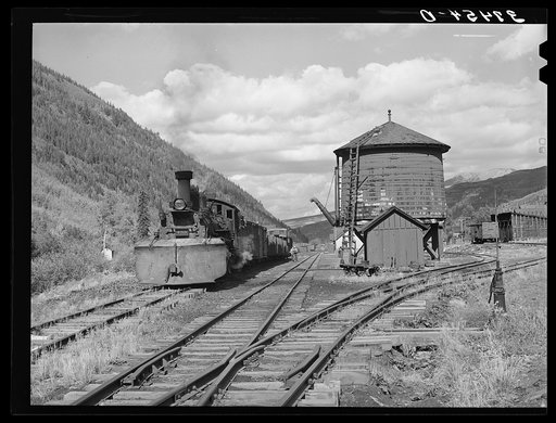 Narrow gauge railway yards, train and water tank at Telluride, Colorado
