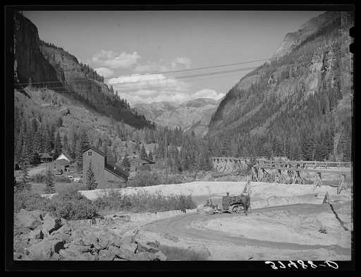 Tailings pit and outbuildings at Camp Bird gold mine and mill. Camp Bird, Colorado