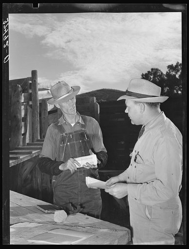 Freight train conductor talking to railroad man who was in charge of shipping livestock. Cimarron, Colorado