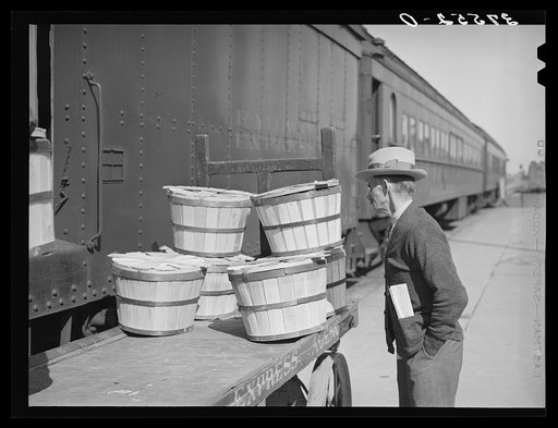 Man looking over express packages to see if something he has expected arrived on morning train. Montrose, Colorado