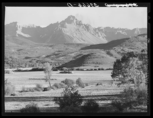 Untitled photo, possibly related to: Mountain valley with Mount Sneffels in background. Ouray County, Colorado