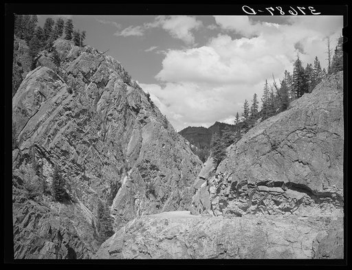 Untitled photo, possibly related to: The Million Dollar Highway between Silverton and Ouray is cut through massive rock formations. Ouray County, Colorado