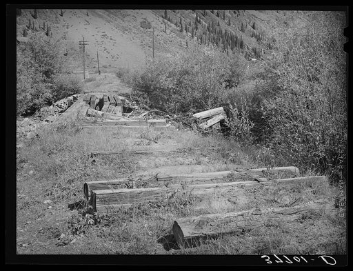 Ties of abandoned railroad in former active mining area of San Juan County, Colorado. The rails were pulled up and sold for scrap iron when the mining company moved out