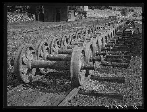 Wheels used on railway coaches and cars. Railroad shops at Durango, Colorado