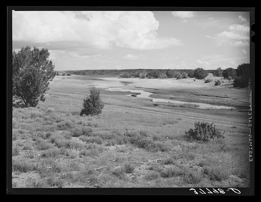 Reservior of water backed up by dam at Concho, Arizona. This dam is about twenty-five years old and the impounded water is supplied by a series of springs three miles away