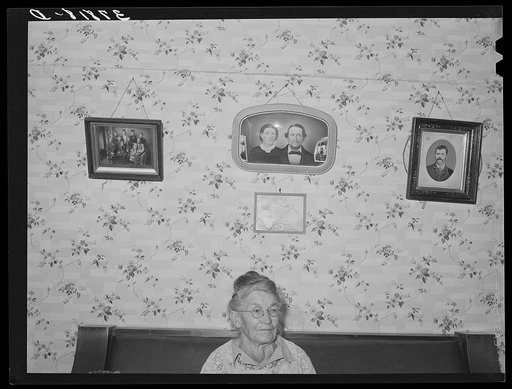 Old resident of Santa Clara, Utah, with pictures of some of her forebears. See general caption