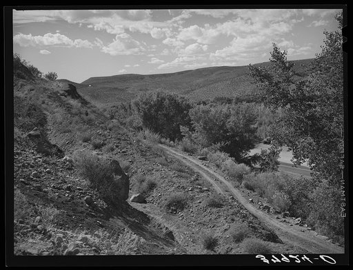 Three roads used in the development of the community of Santa Clara, Utah.  The oldest one is barely discernable at the left; the middle one of medium age is still used to reach some farm land; new highway is seen through the trees. See general caption